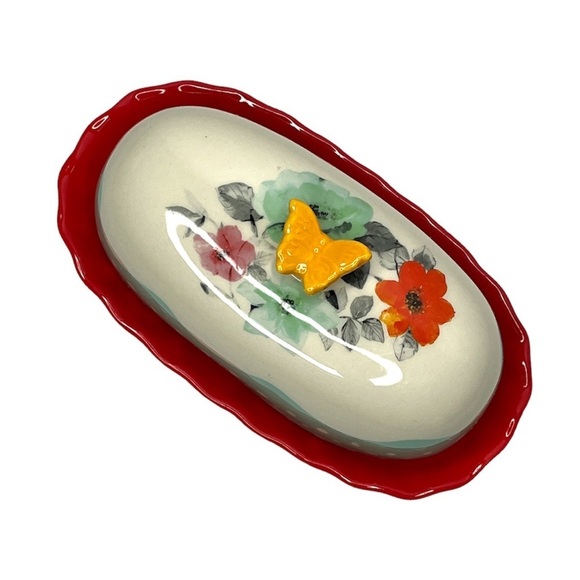 The Pioneer Woman Flea Market Butterfly Butter Dish Floral Red Yellow Stoneware - Picture 6 of 6